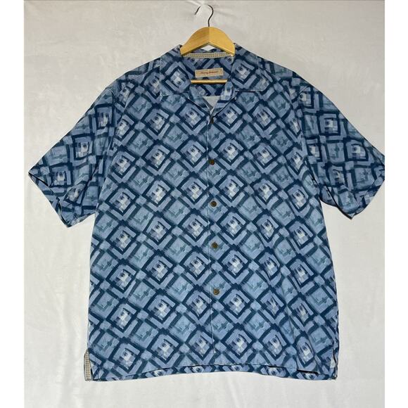Tommy Bahama Silk Shirt Mens Large Blue Geometric Button Up Short Sleeve Casual - Picture 1 of 10